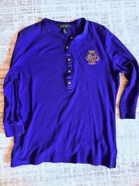 Lauren Ralph Lauren Navy Long Sleeve Henley with Gold Crest
